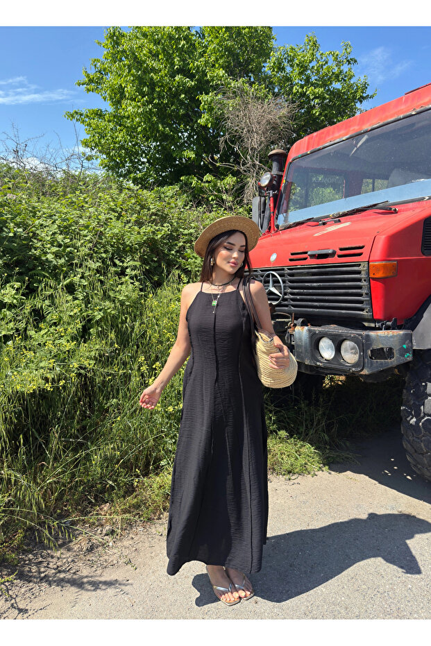 Black Reverse Stitch Strap Long Dress