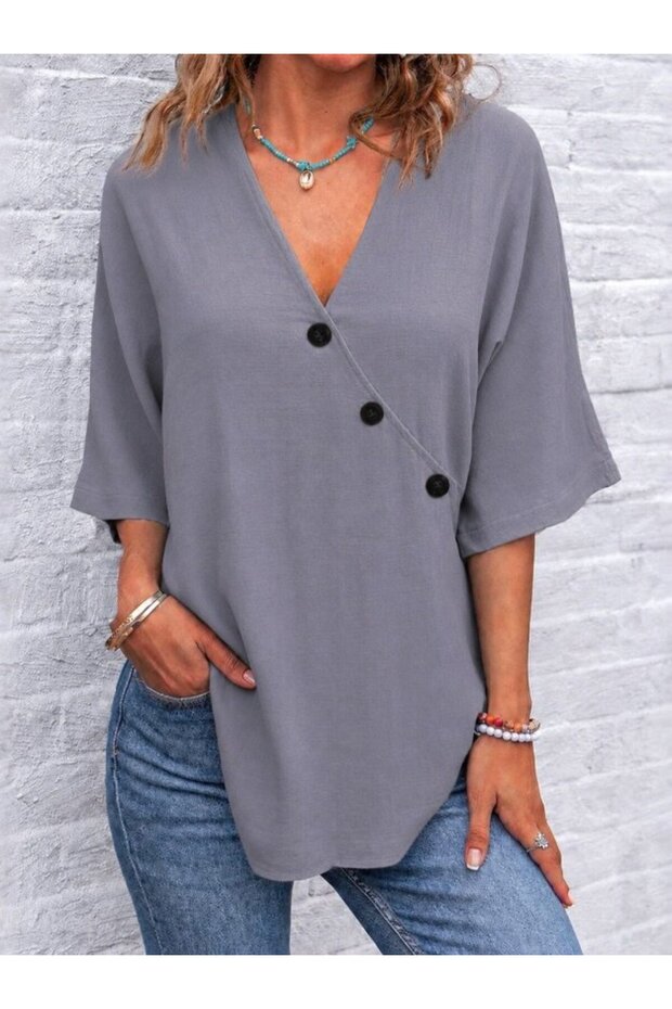 Women's Short Sleeve V-Neck Buttoned Blouse