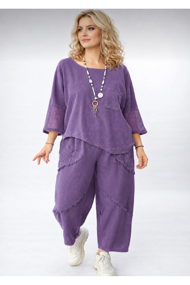 Mesh Linen Blouse and Pants Set