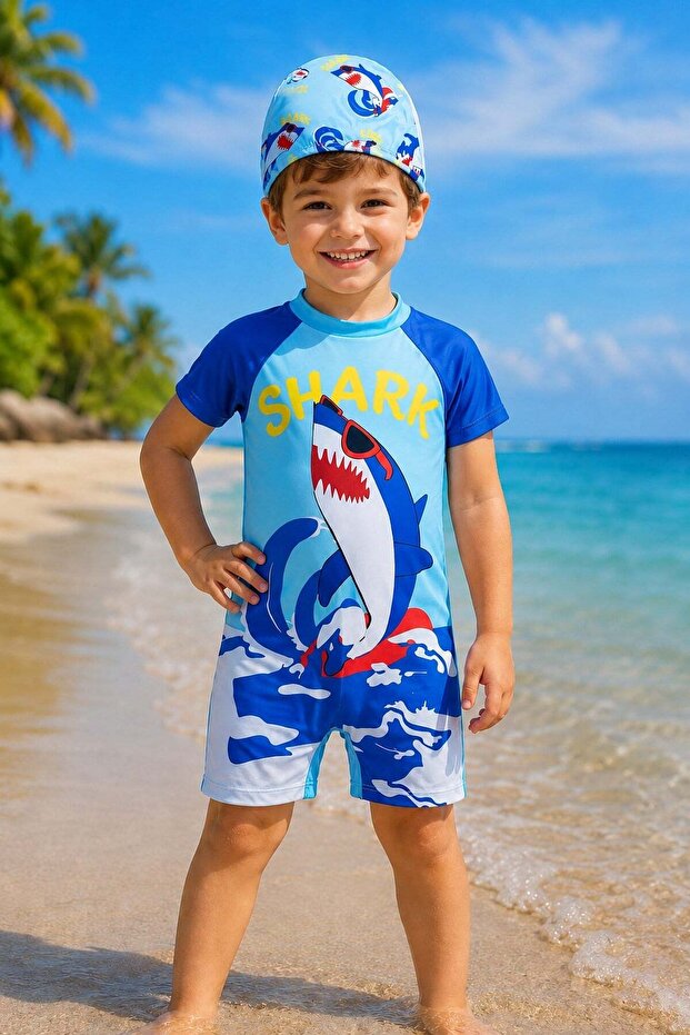 Boy's Shark Patterned Diving Fabric Short Sleeve Swimsuit + Swim Trunks 2-Piece Set 2-8 Years Old Sea & Pool Set