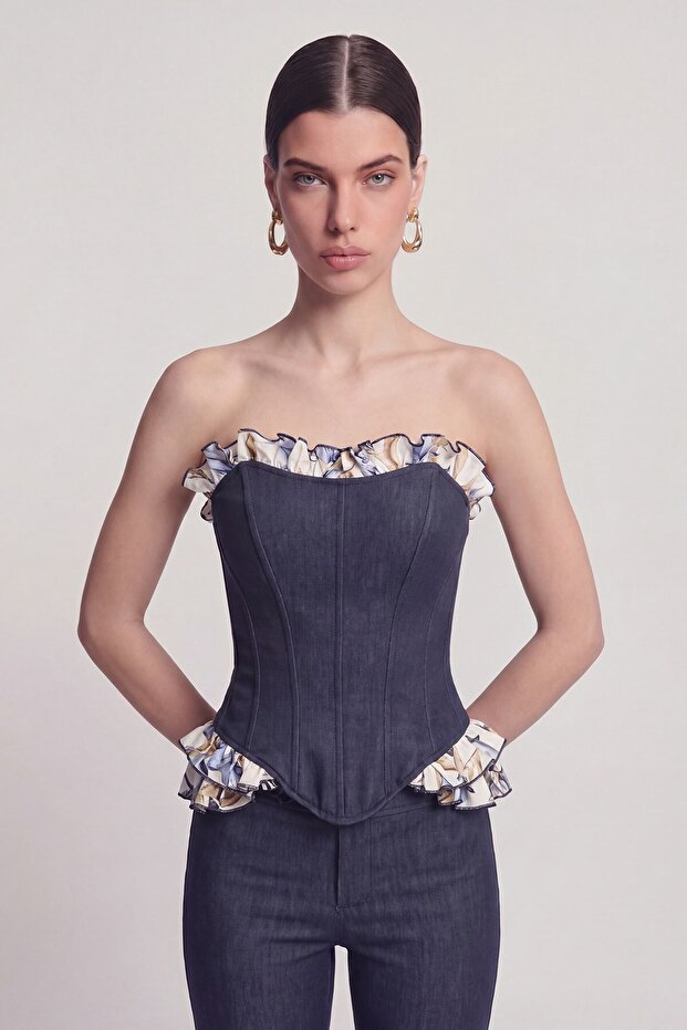 Jean Look Ruffle Detailed Corset Venus Bustier Navy Blue