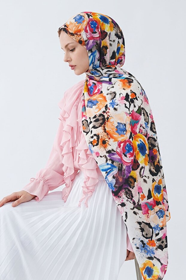 Colorful Patterned Cream Soft Cotton Shawl