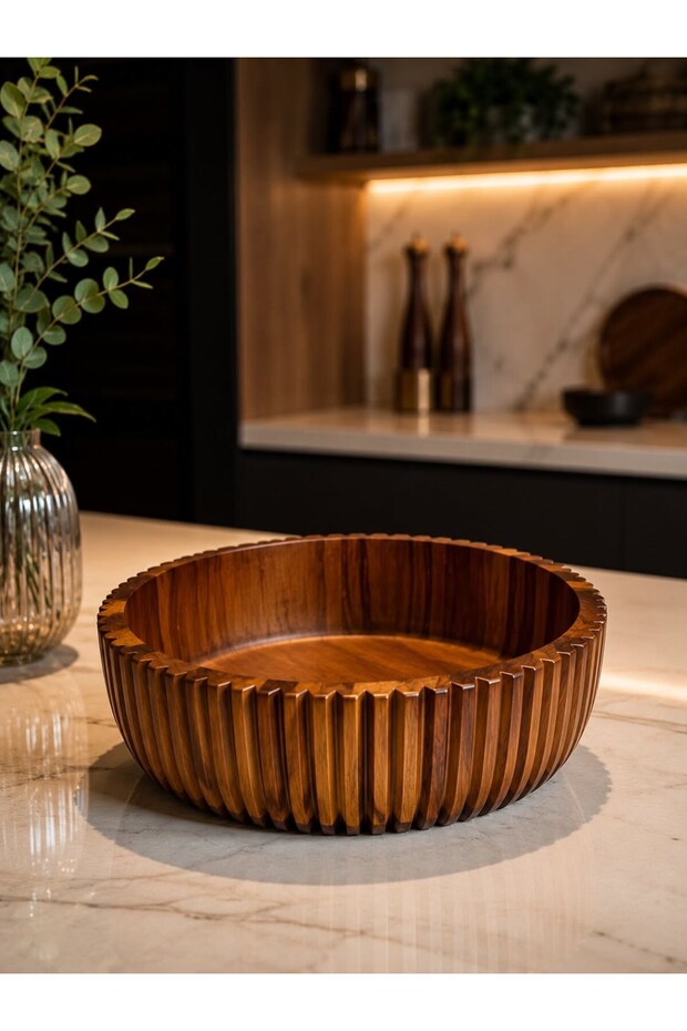 Acacia Wood Corrugated Salad Bowl, Fruit Bowl and Presentation Set 26 cm 1 Piece