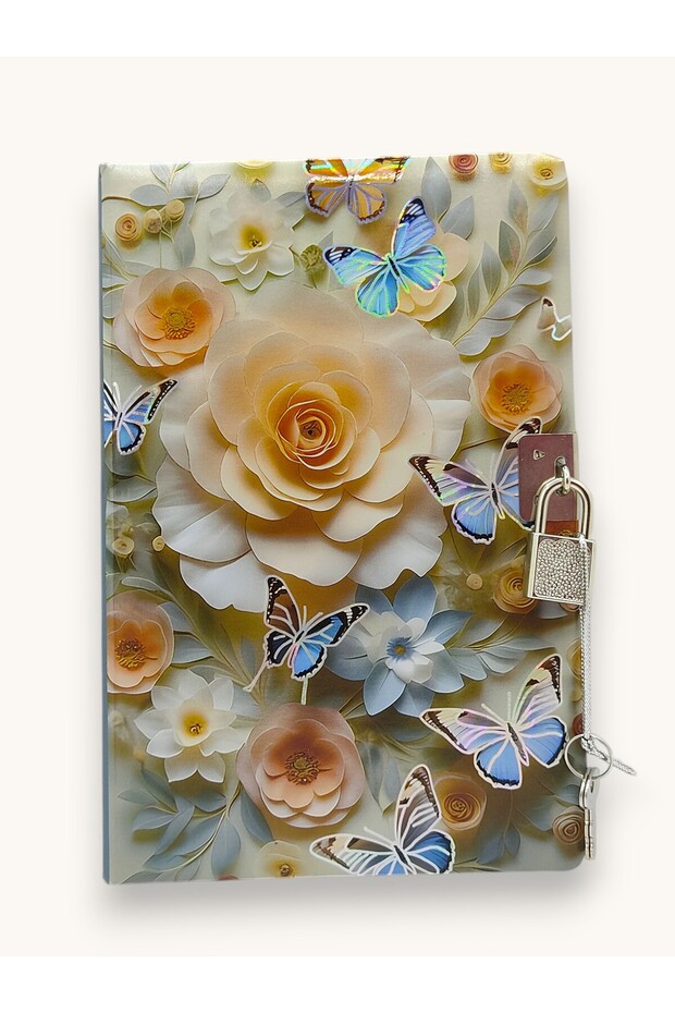 Rose Flower Patterned Diary (Daily) Locked Notebook 80 Sheets -Blue