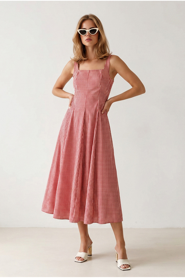 Women's Red Side Zipper Maxi Gingham Dress Elb-19002653