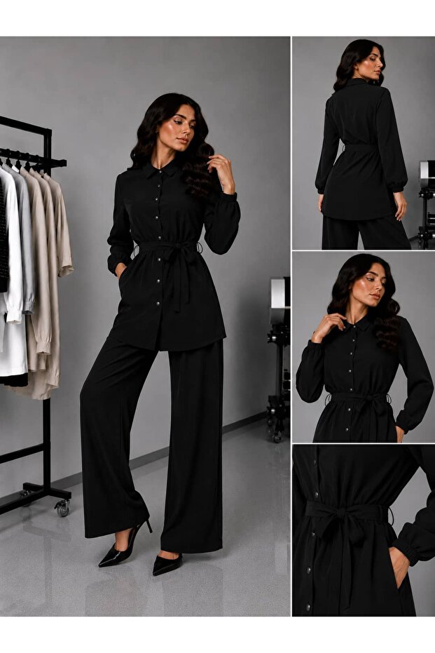 Cupra Fabric Belted Pants Hijab Double Set - 4