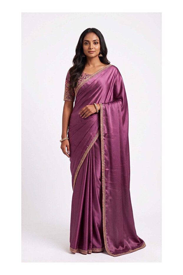 Nool Pakshi Mauve Satin Saree with Unstitched Blouse Material