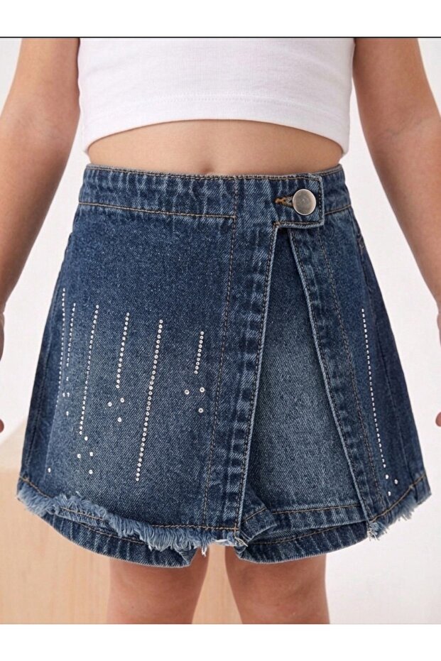 Stone Decorated Denim Shorts Skirt
