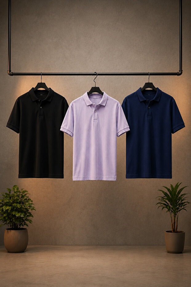 Men's Buttoned Loose 3-Piece Polo Collar T-Shirt