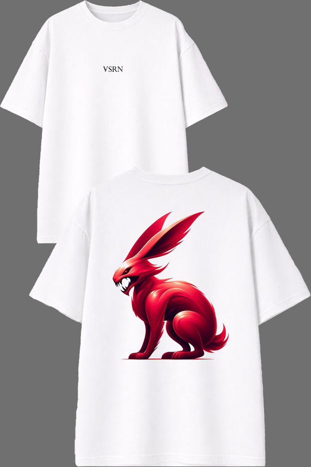 تي شيرت أبيض كبير الحجم بتصميم Wild Rabbit مطبوع من الأمام والخلف