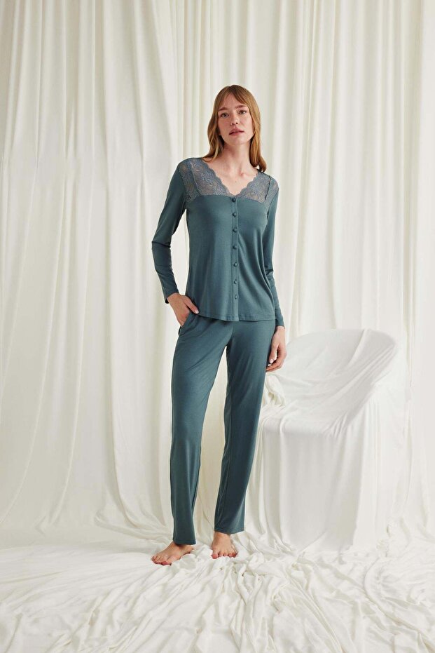 Buttoned Pajama Set with Lace Collar, Shoulder and Leg