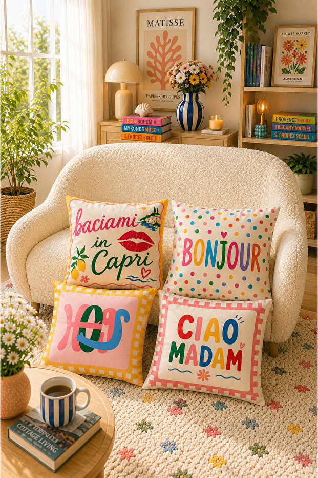Ays Home Powder Yellow Maximalist Pattern Garden Balcony Cushion Cover Set (Double-Sided)