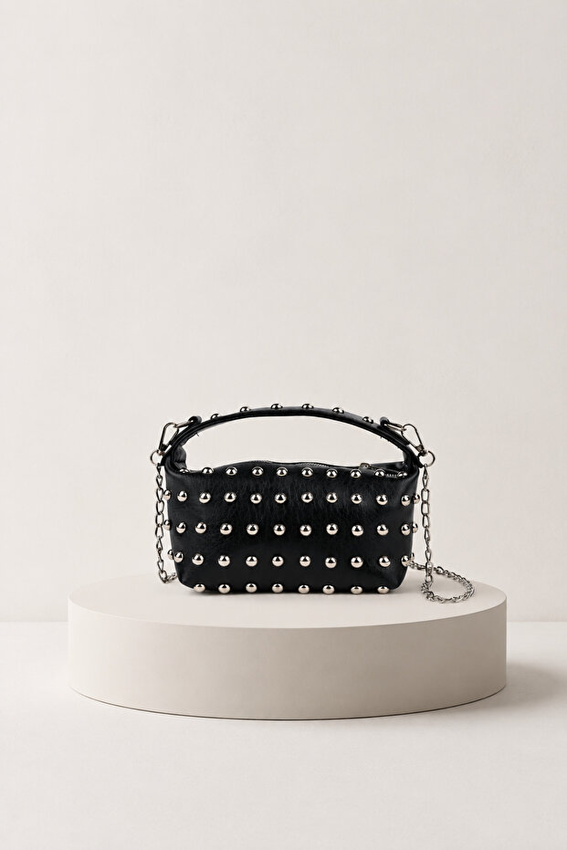 Studded Mini Hand and Shoulder Bag with Chain Strap Detail