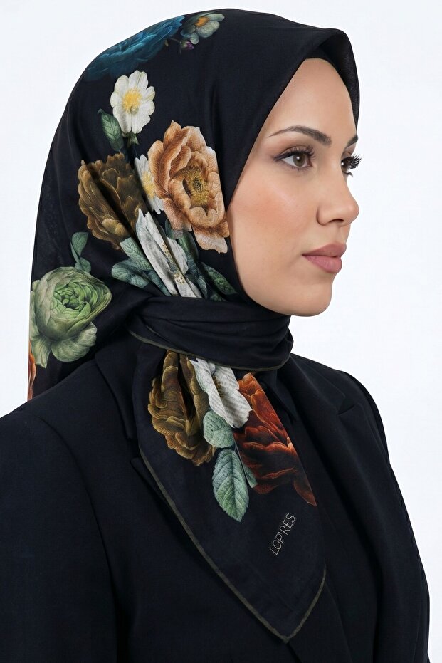 Women's Black Background Floral Patterned Organic Cotton Soft Scarf