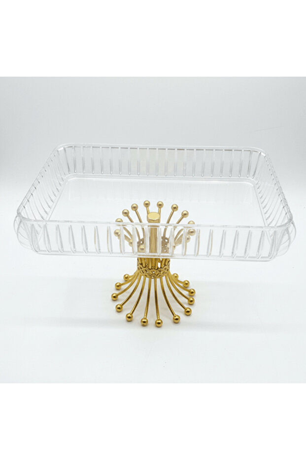 Crystal Acrylic Rectangle Candy Tray with Luxury Gold Metal Pedestal Stand | 32×21 cm