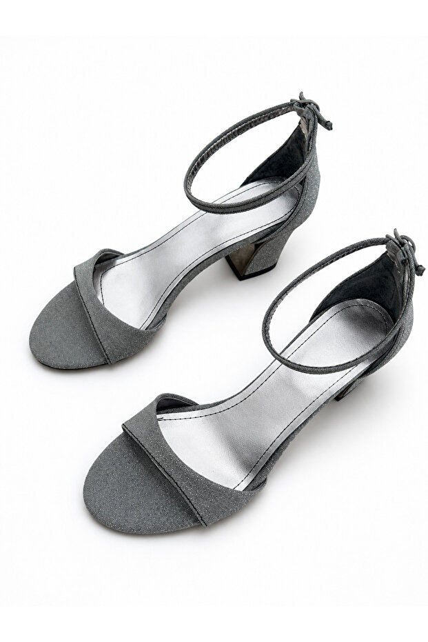 Women's Gray Glittery Single Strap Ankle Strap Heeled Evening Dress Sandals