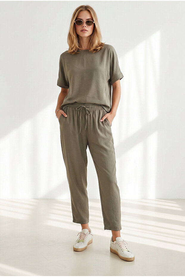 Women's Khaki Loose Fit Top and Bottom Woven Modal Set Tkm-19000505