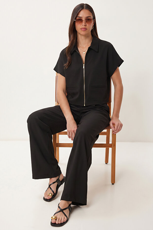 Polo Collar Zippered Top and Bottom Woven Set Laz0005 Black