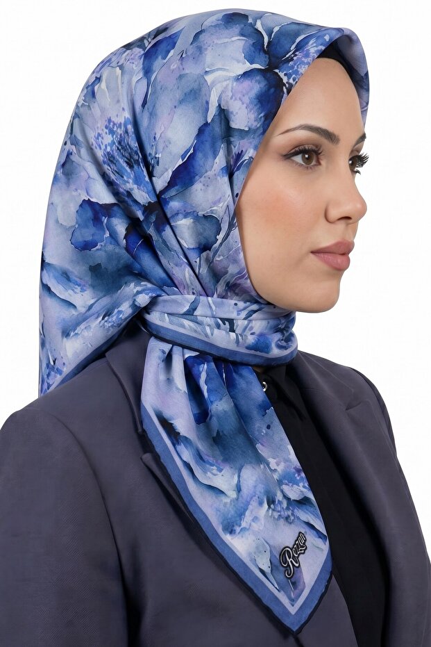 Women's Blue Floral Patterned Organic Soft Cotton Shawl