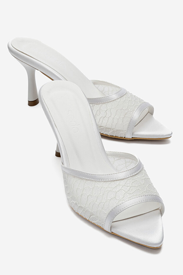 Women's Pointed Toe Lace Embroidered Thin Heeled Evening Dress Slippers Julee White