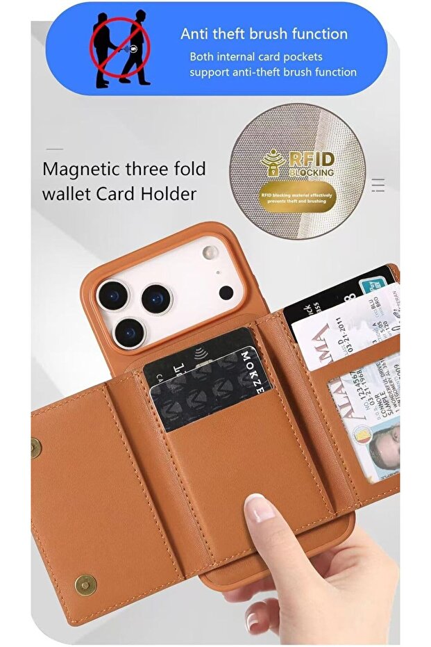 Acmez Phone Case with Wallet Card Holder, RFID Blocking, Magnetic Tri-Fold, Kickstand, PU Leather (Brown, iPhone 17 Pro Max)