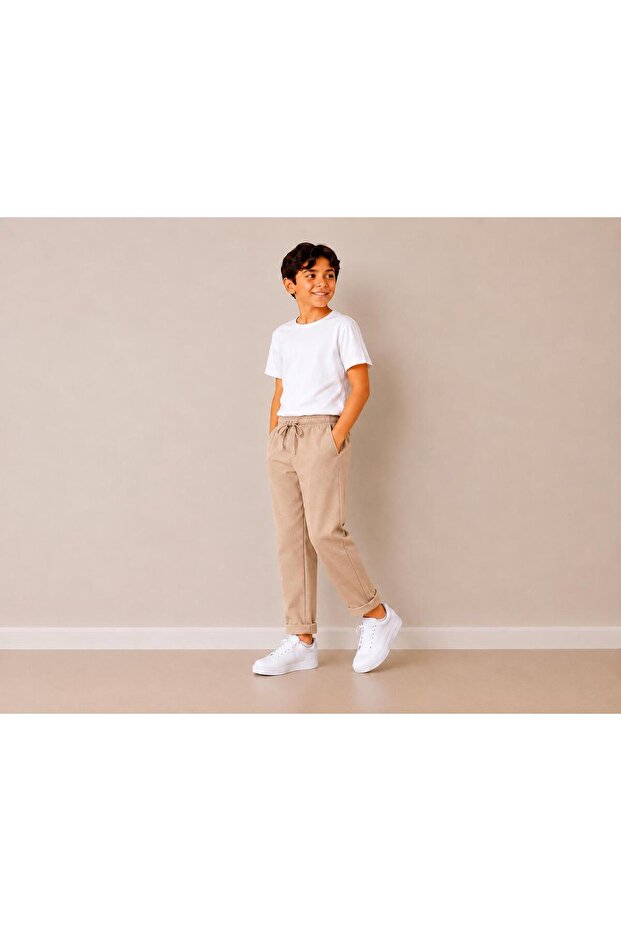 Boys' Pique Fabric Double-Headed Jogger Pants with Adjustable Waist and Belt