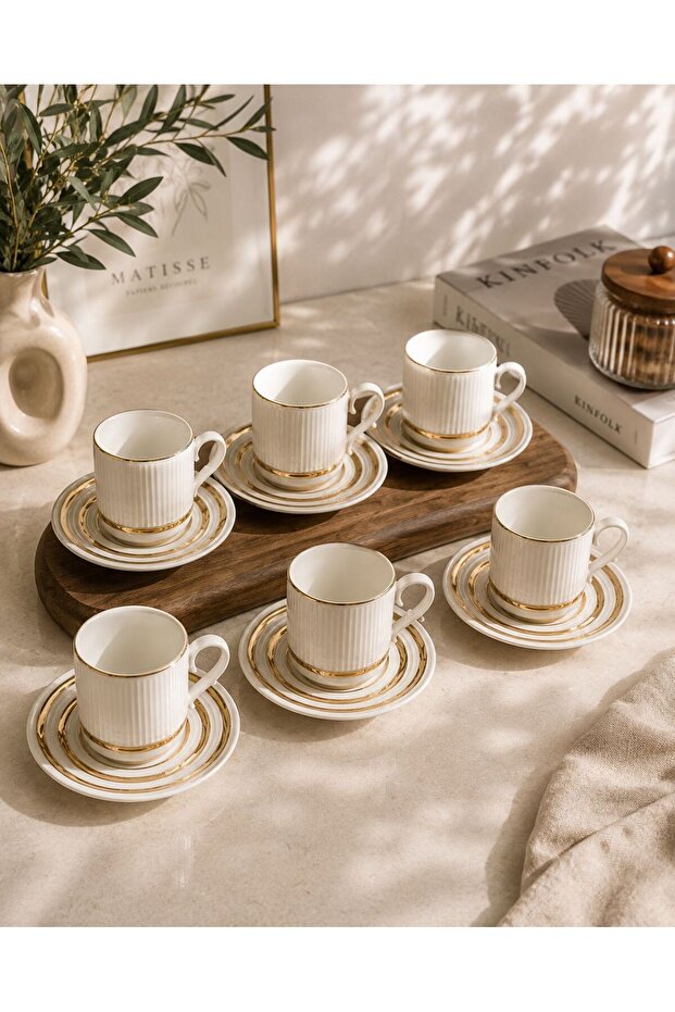 6-Piece Porcelain Coffee Cup Set – Turkish Coffee Cup Set with Gold Detailed Stripes