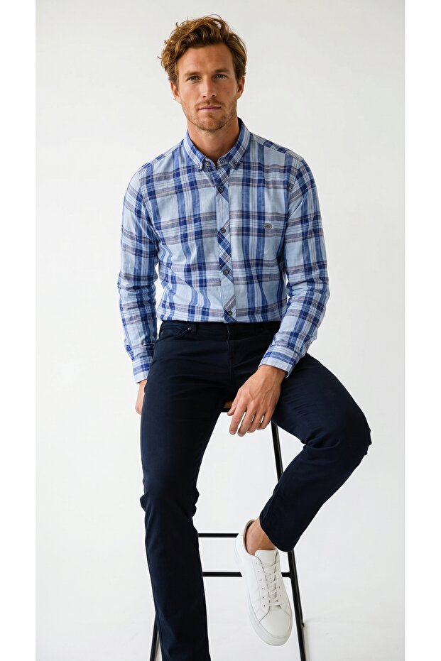 Men's Long Sleeve Plaid Linen Shirt 2451