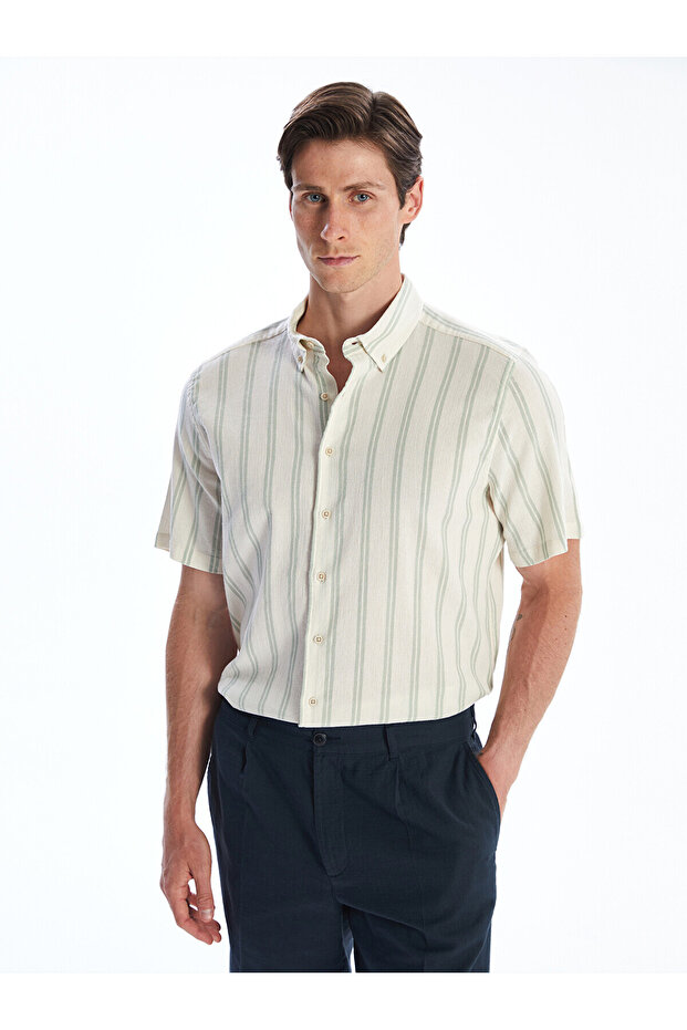Nevavm Regular Fit Short Sleeve Striped Linen Look Men's Shirt with Difference