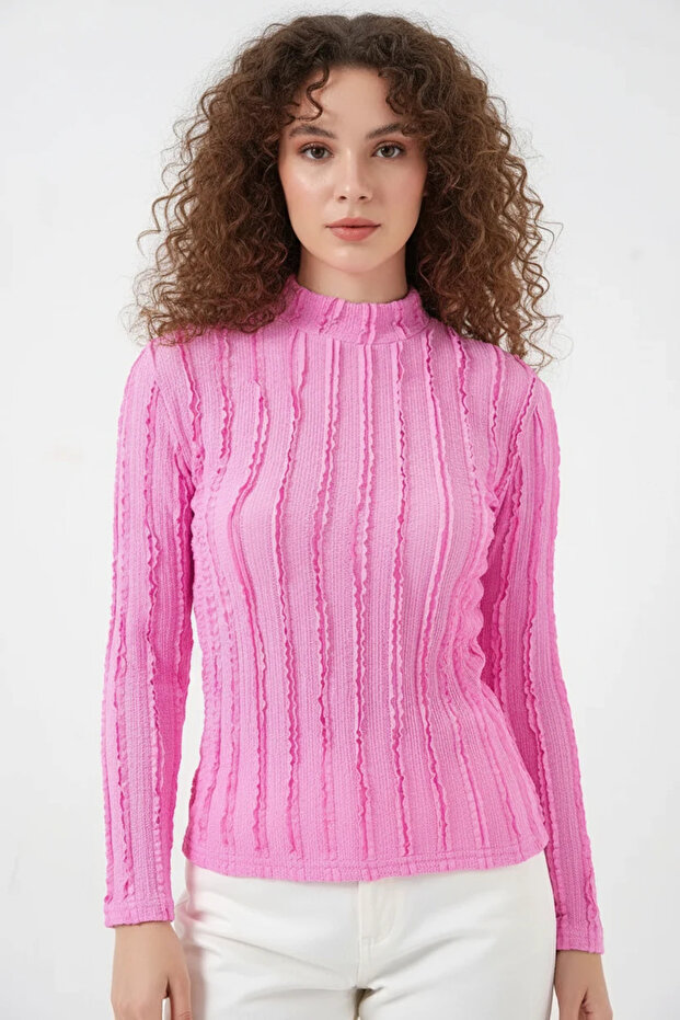 Women's High Collar Textured Pink Blouse