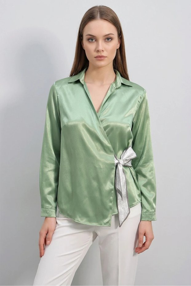 Women's Double-Breasted Collar Belted Waist Satin Green Shirt