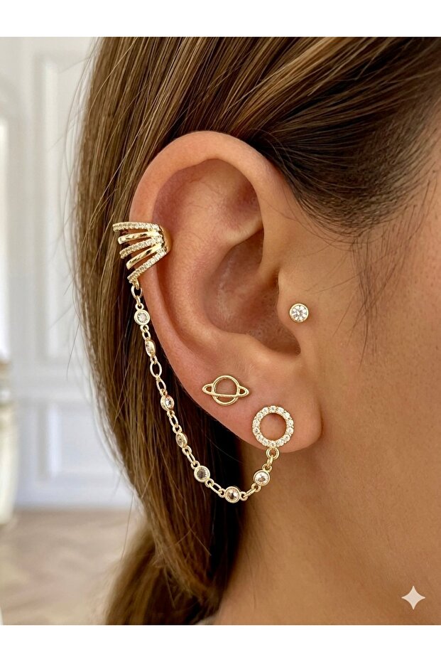 Zircon Stone Gold Steel Earring Set - Multiple Earring Set with Cartilage Chain and Baguette Stones
