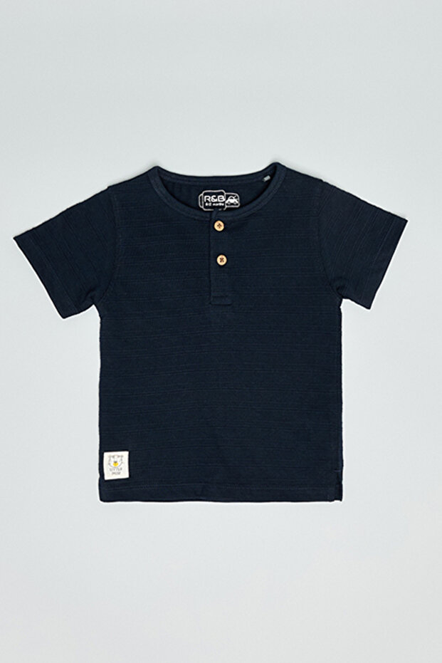 Textured T-Shirt with Henley Neck and Short Sleeves