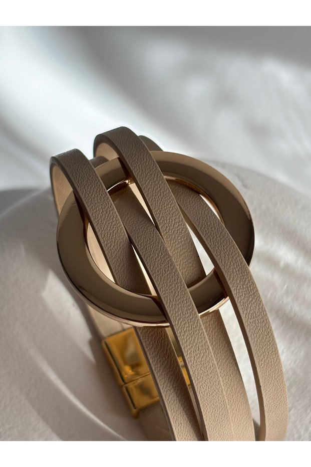 Beige Faux Leather Bracelet with Gold Color Ring Detail (2 cm)