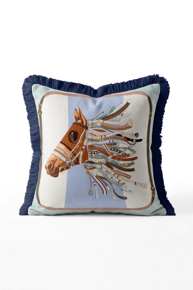 Blue Harness and Horse Head Patterned Fringed Cushion Cover - Navy Blue Tasseled Pillowcase