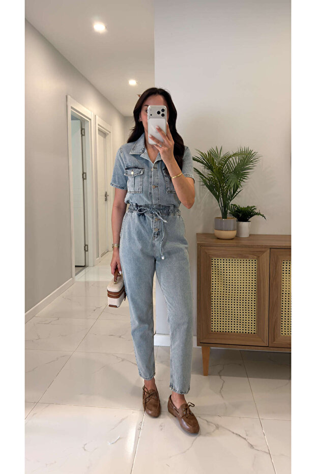 Zeus Blue Short Sleeve Denim Jumpsuit with Waist Tie Detail