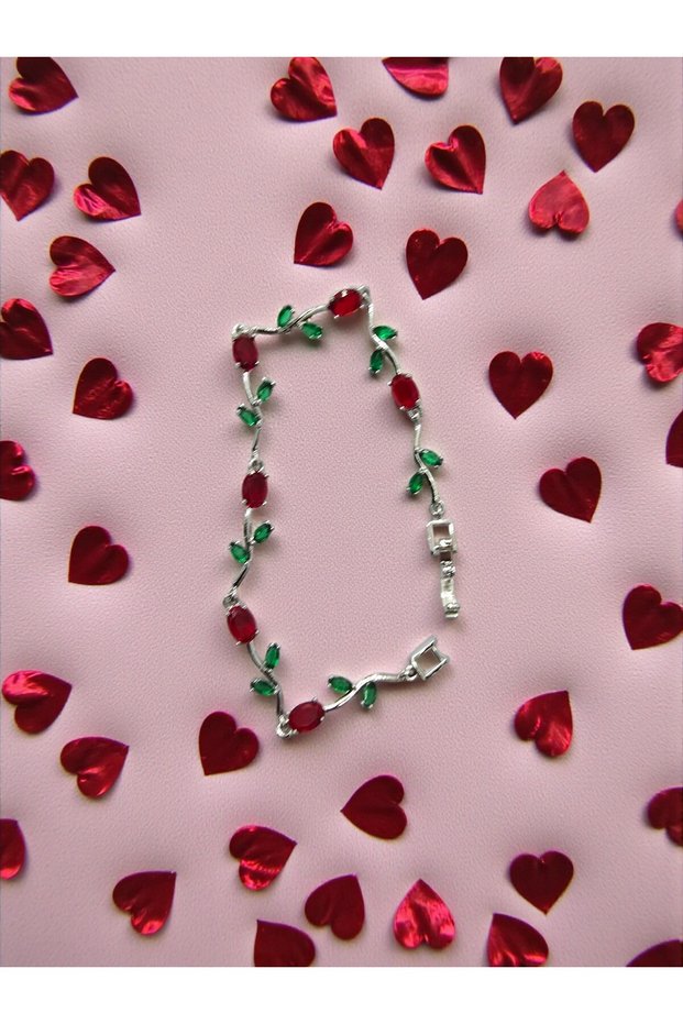 Silver Color Red Green Zircon Stone Ivy Leaf Design Steel Bracelet - Tarnish Resistant - 20cm
