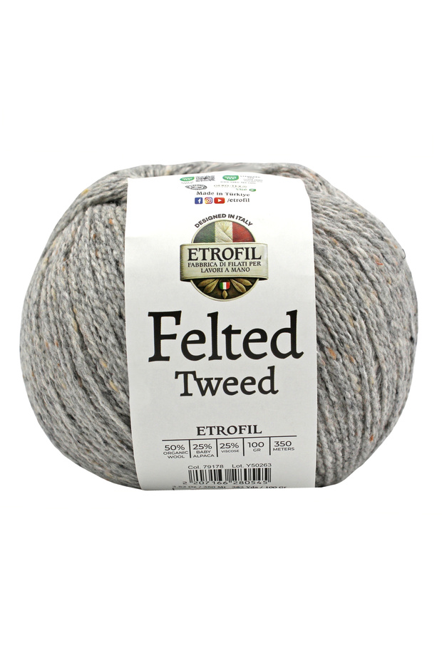 Felted Tweed Knitting Yarn Granite Gray 50% Organic Merino Wool 25% Baby Alpaca Wool 25% Viscose 100g 350m (79178)