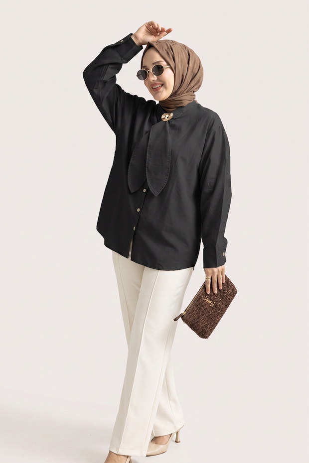 6408- Stylish Comfortable Tie-Detailed Woven Poplin Fabric Women's Shirt