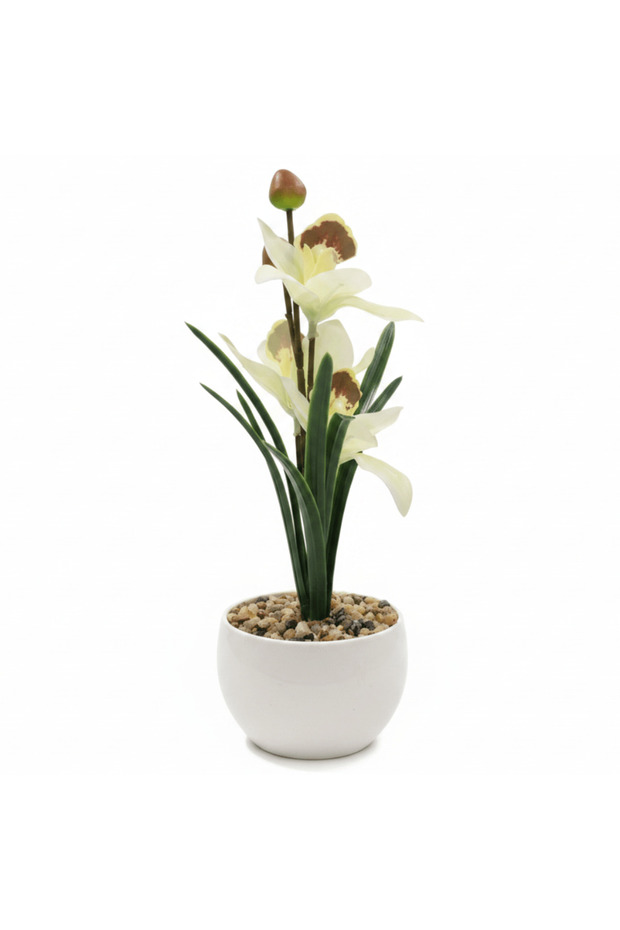 Artificial White Orchid Flower Arrangement – White Ceramic Pot | 25 cm