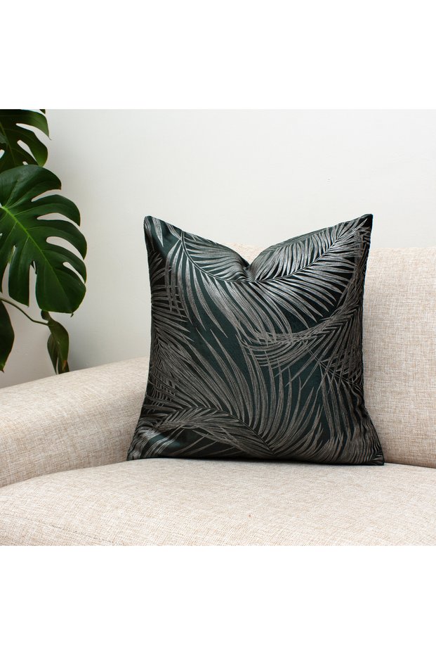 Petrol Green Silver Leaf Patterned Decorative Throw Pillow Cover
