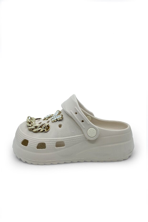 Women's Ecru Orthopedic Daily Slippers Sandals with Stone Chain Accessories
