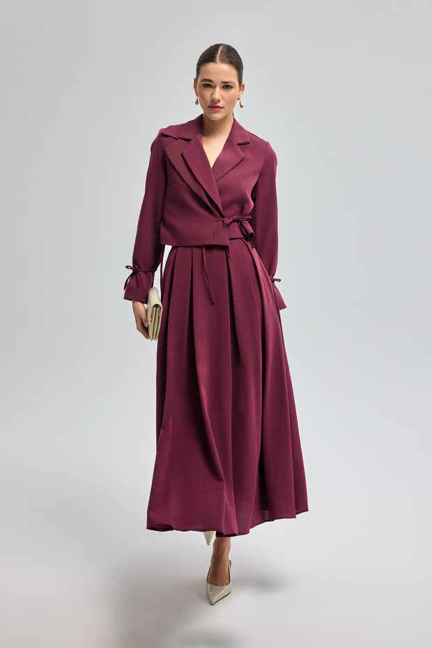 Collared Detailed Tie Skirt Set - 1
