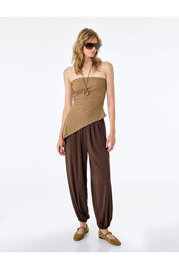 Slim Fit Wrinkled Fabric Textured Asymmetrical Cut Waist Accent Long Strapless Blouse