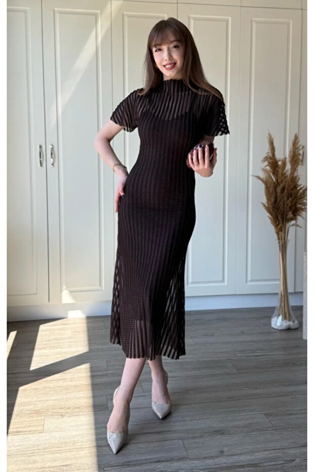 Striped Short Sleeve Lace Dress