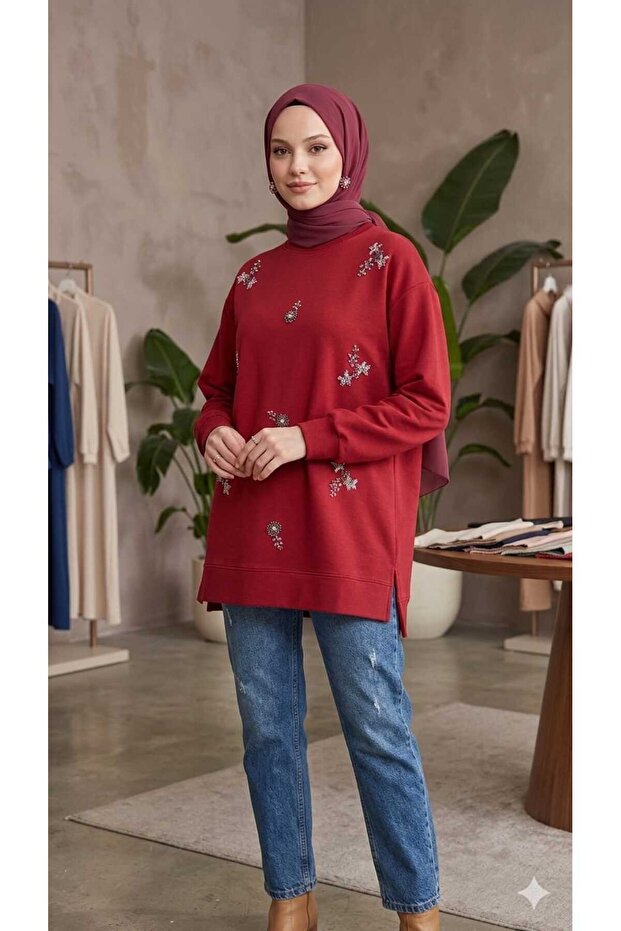 Women's Beaded Stone Embroidered Sweatshirt