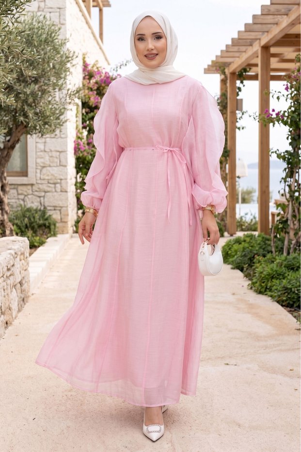 Ruffled Sleeves Belted Hijab Dress Pink