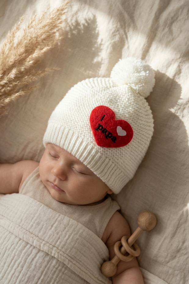 Ecru Knitwear Heart Detailed'I Love Papa' Soft Baby Beanie with Pompom 0-6 Months