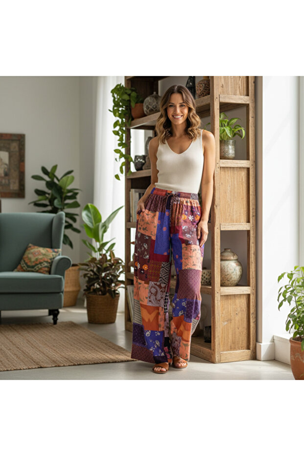 Women's Colorful Patchwork Wide-Leg Boho Pants