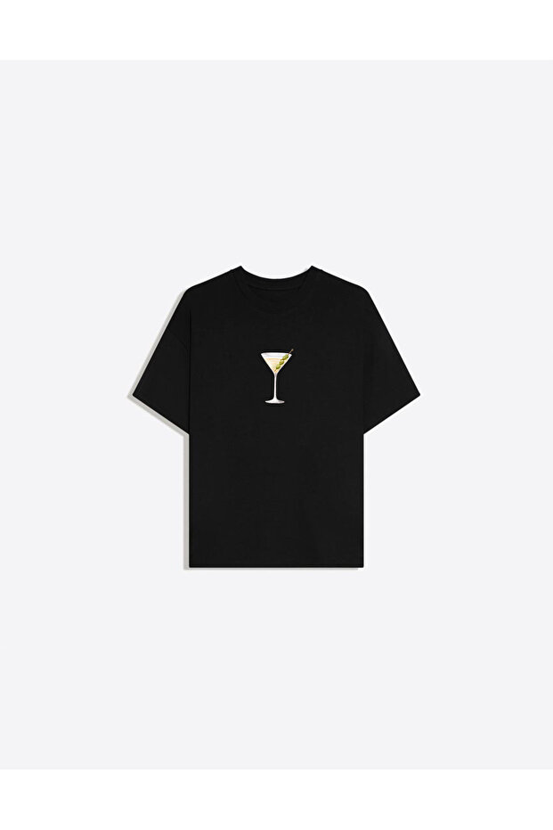 Cocktail Printed Crew Neck Oversize Trendy Women's T-Shirt